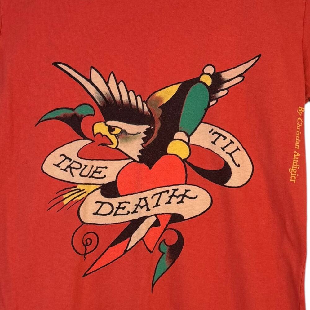Ed Hardy Womens Tshirt True Til Death Tattoo Design Eagle Heart Red Size Large - Picture 2 of 6